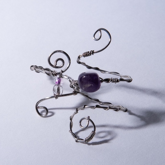 Silver Wire-Wrapped Rings with Amethyst and Beads: Adjustable Rings - Picture 3 of 3
